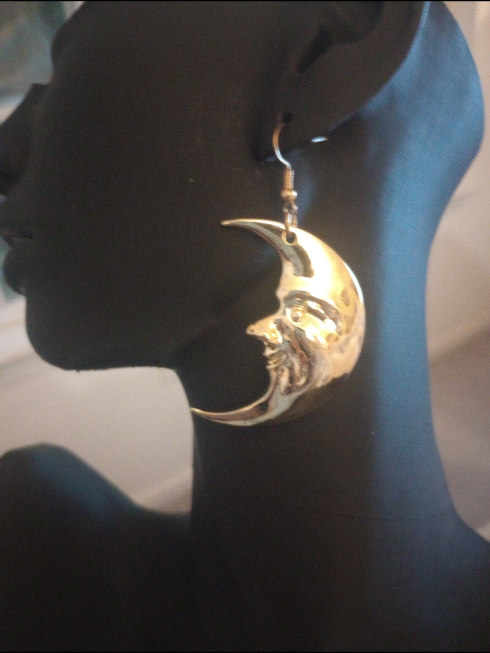 Gold Tone Crescent Moon Face Drop Earrings